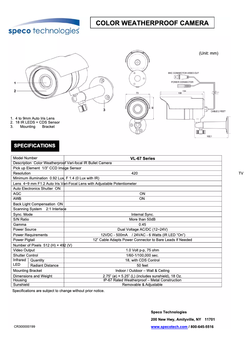 Page 1 de la notice Manuel utilisateur Speco Technologies VL-67