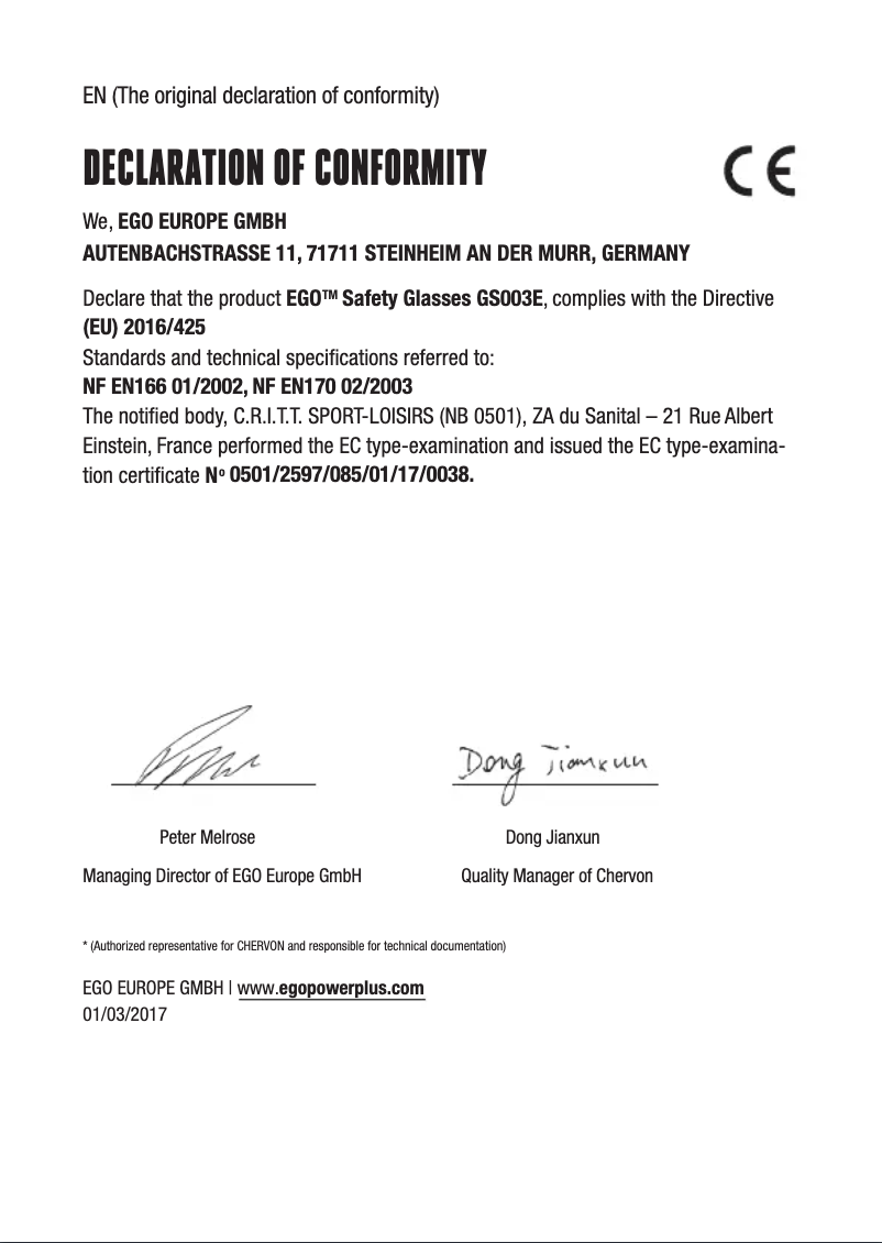 Page 1 de la notice Instructions de sécurité EGO GS003