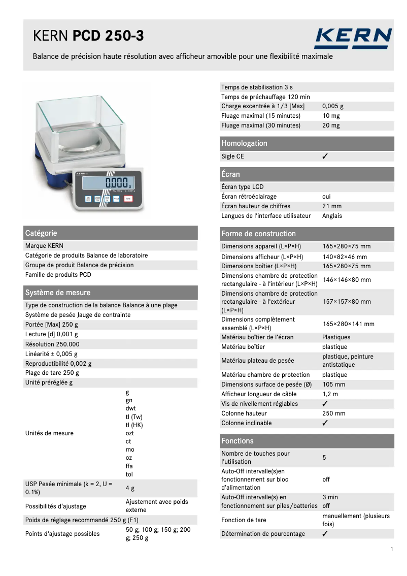 Página 1 del manual Ficha técnica Kern PCD 250-3