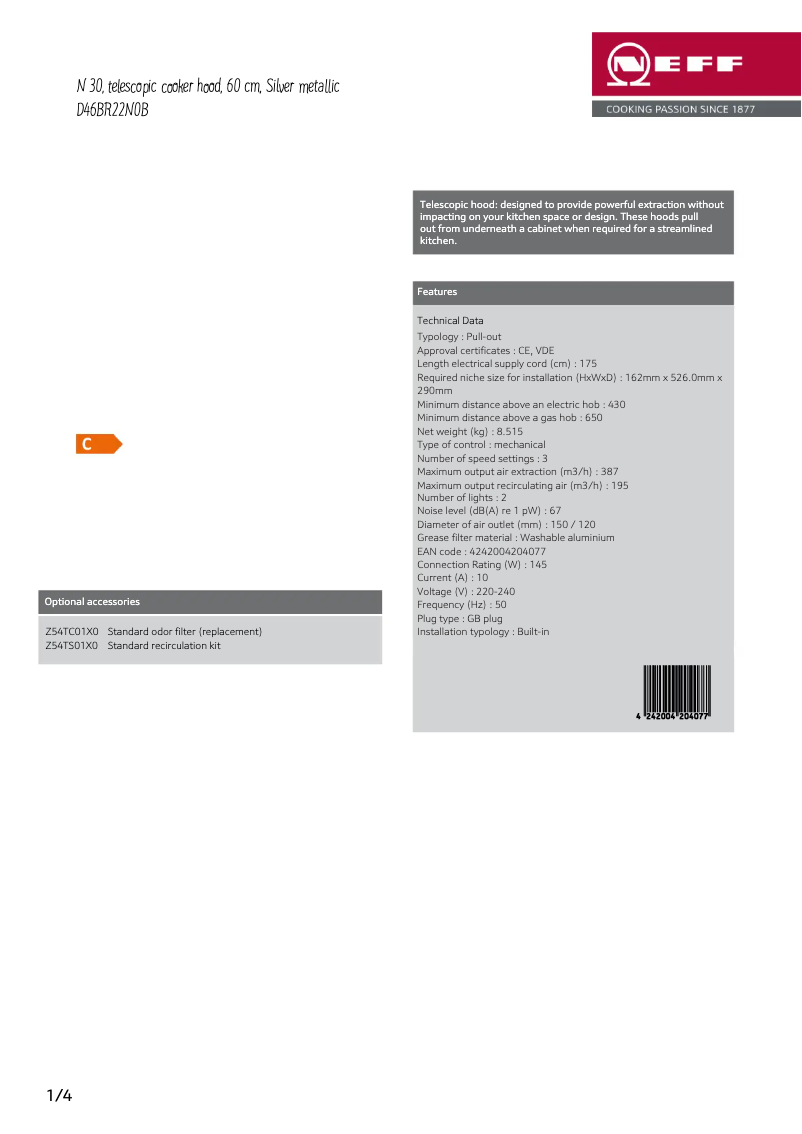 Page 1 de la notice Fiche technique Neff D46BR22N0B