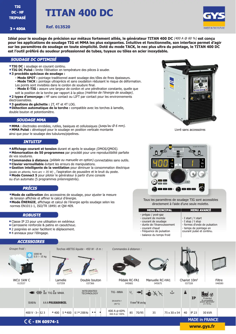 Página 1 del manual Ficha técnica GYS TIG Titan 400 DC