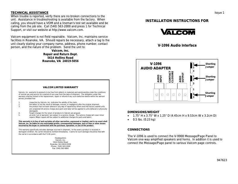 Page 1 de la notice Manuel utilisateur Valcom V-1096