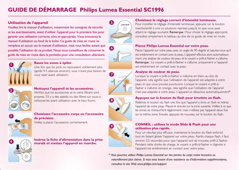 Page 1 de la notice Guide de démarrage rapide Philips Lumea Essential SC1996