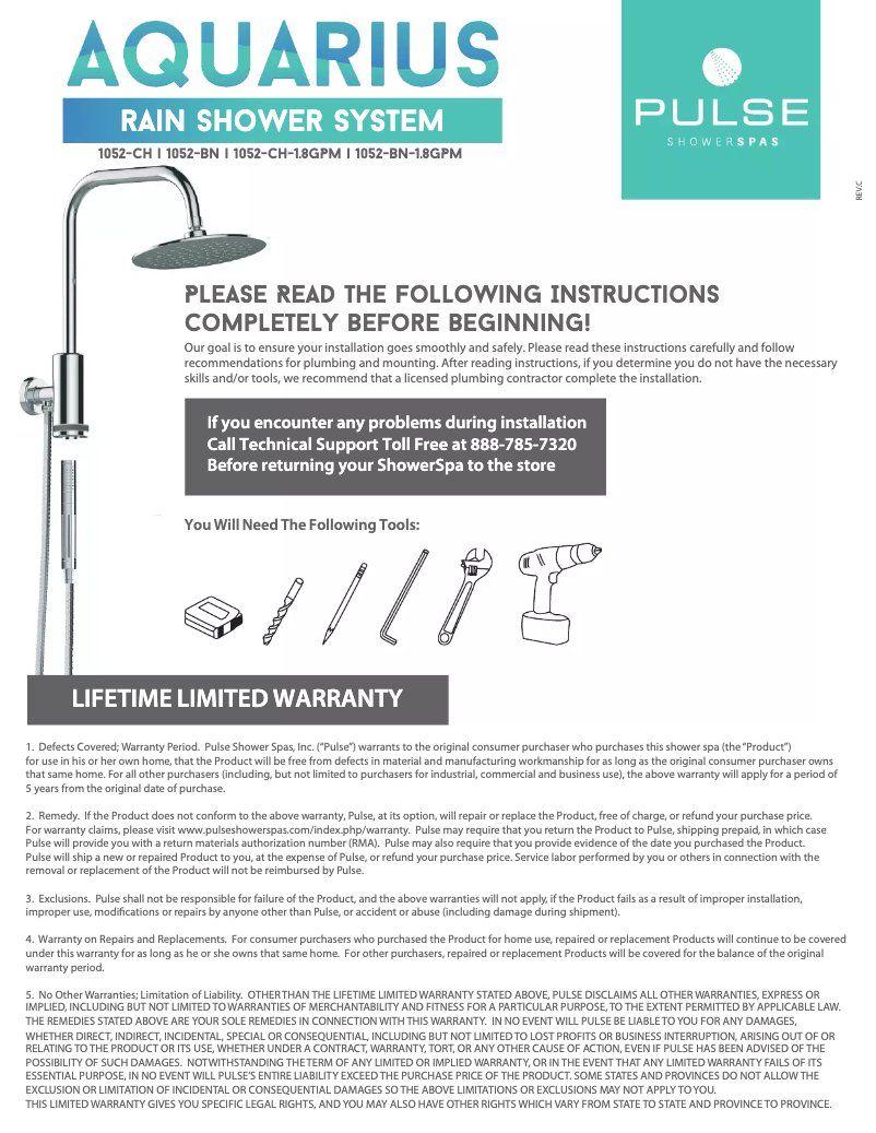 Page 1 de la notice Manuel utilisateur Pulse ShowerSpas Aquarius 1052-CH