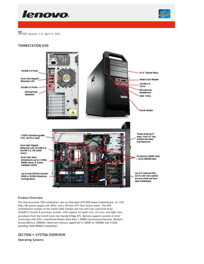 Page n°1 - Fiche technique Lenovo ThinkStation D30