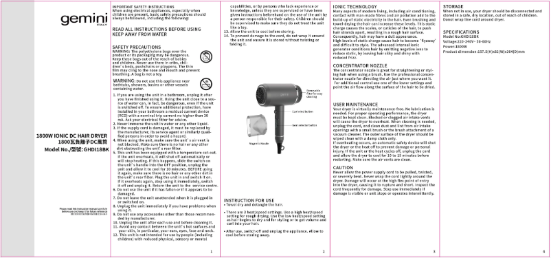 Page 1 de la notice Manuel utilisateur Gemini GHDI18BK