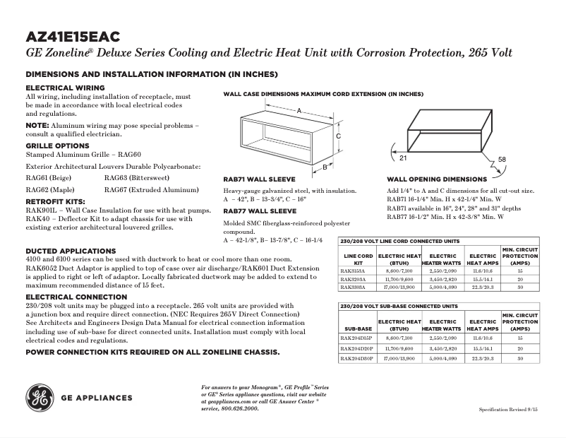 Page n°1 - Fiche technique GE AZ41E15EAC Zoneline