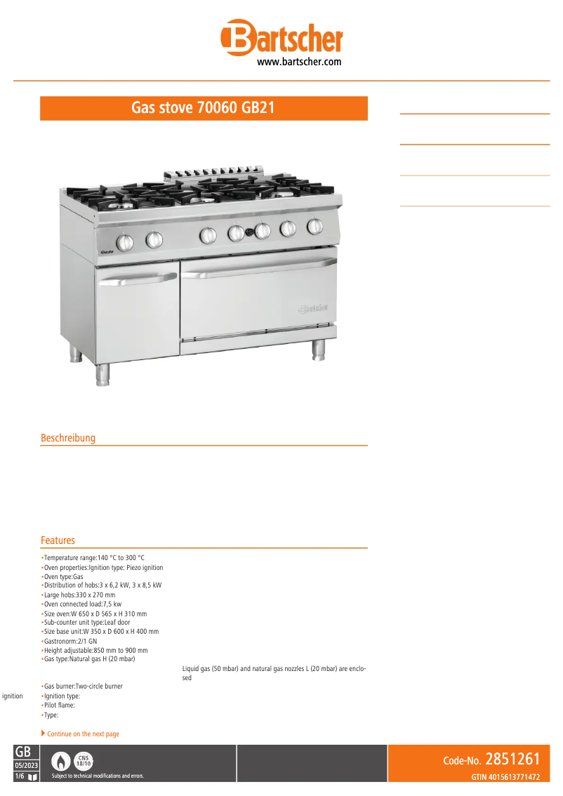 Page 1 de la notice Fiche technique Bartscher 2851261