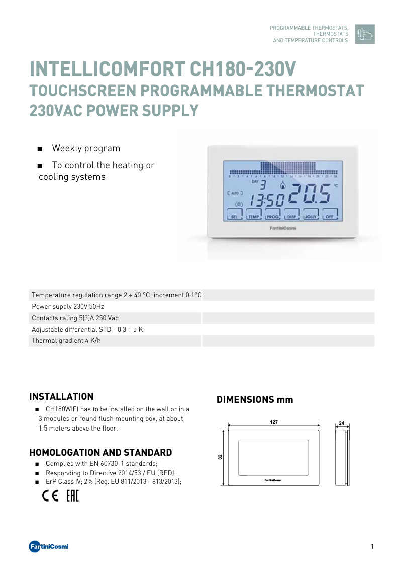 Page 1 de la notice Fiche technique Fantini Cosmi Intellicomfort CH180-230V