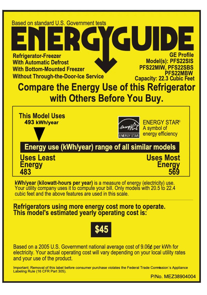 Page 1 de la notice Label énergétique GE PFS22MBWWW