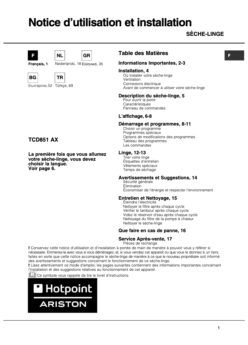 Page 1 de la notice Manuel utilisateur Hotpoint Ariston TCD 851 XB K EU