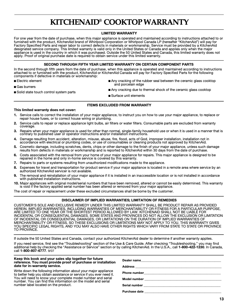 Page 1 de la notice Informations de garantie KitchenAid Architect KICU569XSS