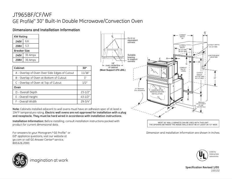 Page 1 de la notice Fiche technique GE Profile JT965CFCC