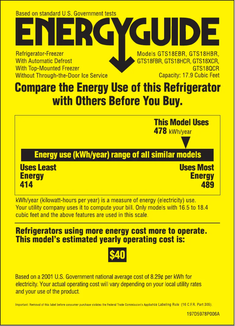 Page 1 de la notice Label énergétique GE GTS18QCRCC
