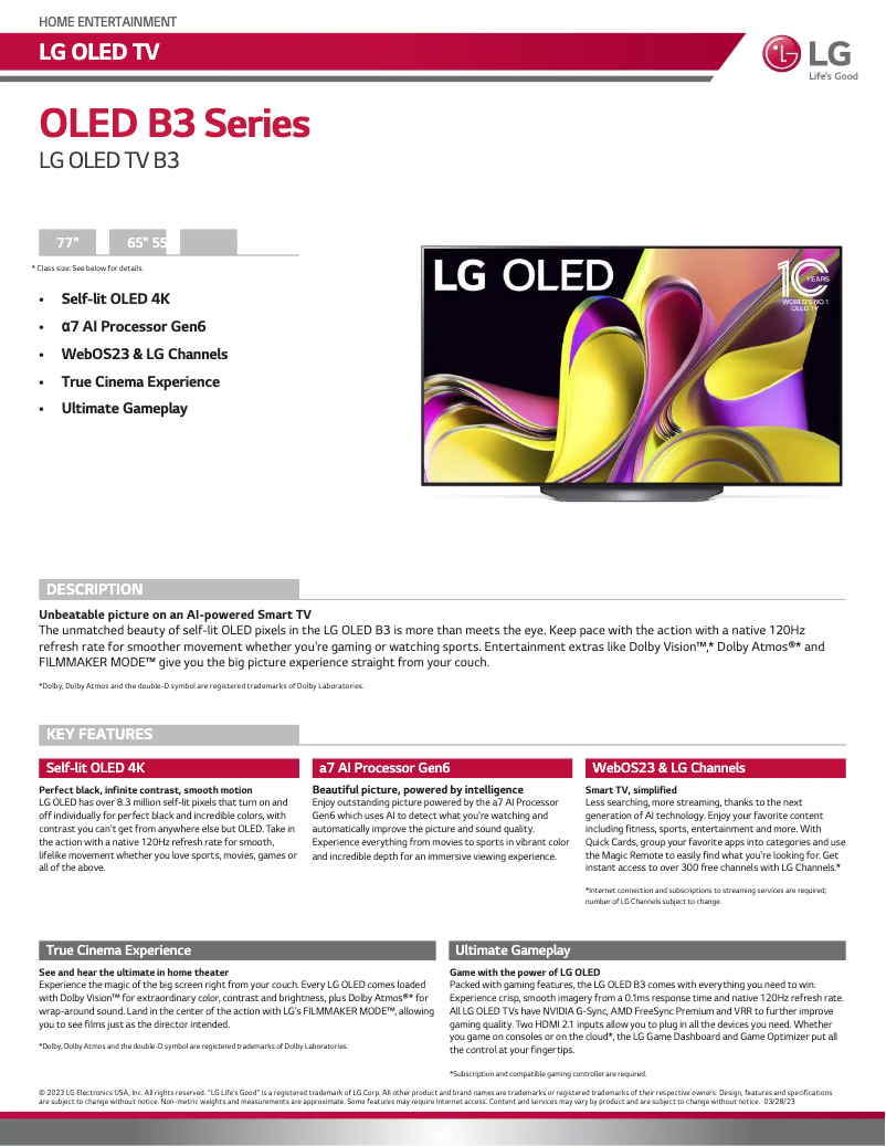 Page 1 de la notice Fiche technique LG OLED55B3PUA