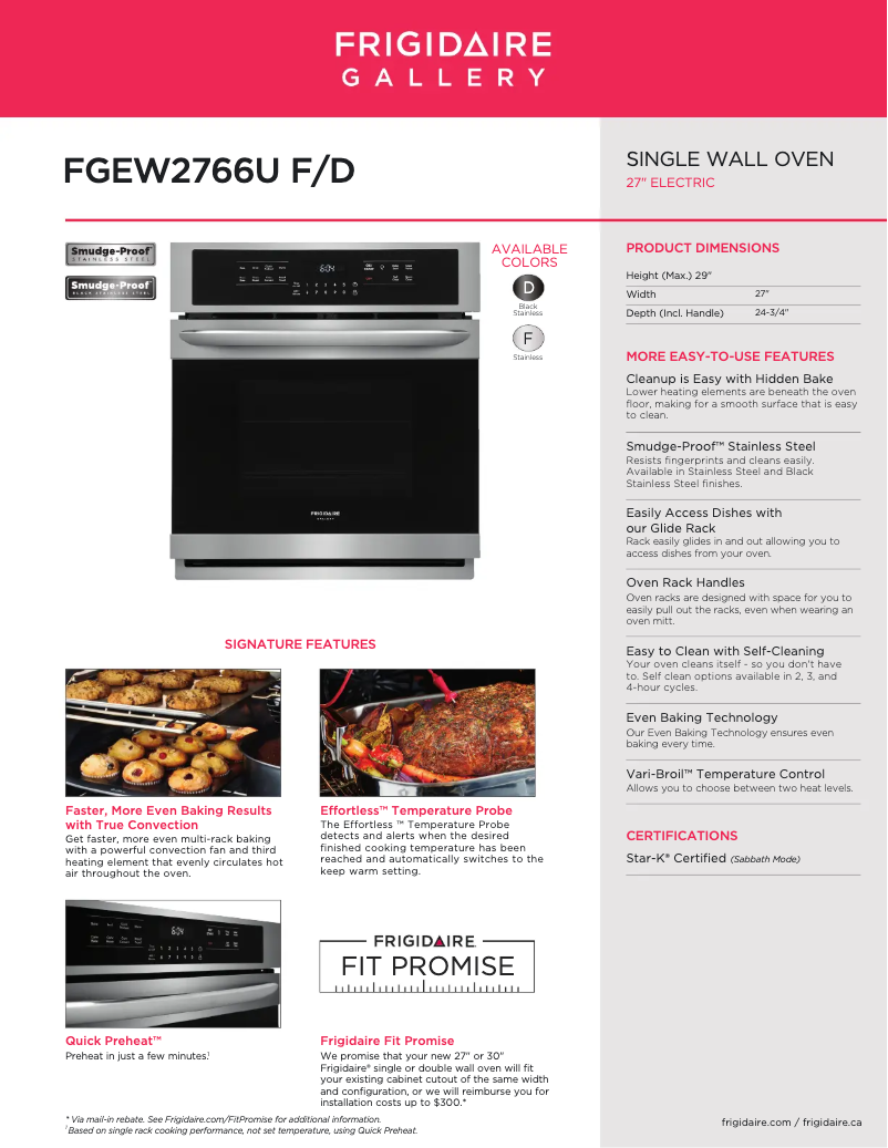 Página 1 del manual Ficha técnica Frigidaire FGEW2766UF