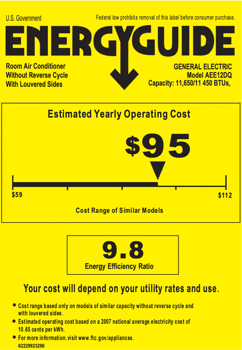 Page 1 de la notice Label énergétique GE AEE12DQ