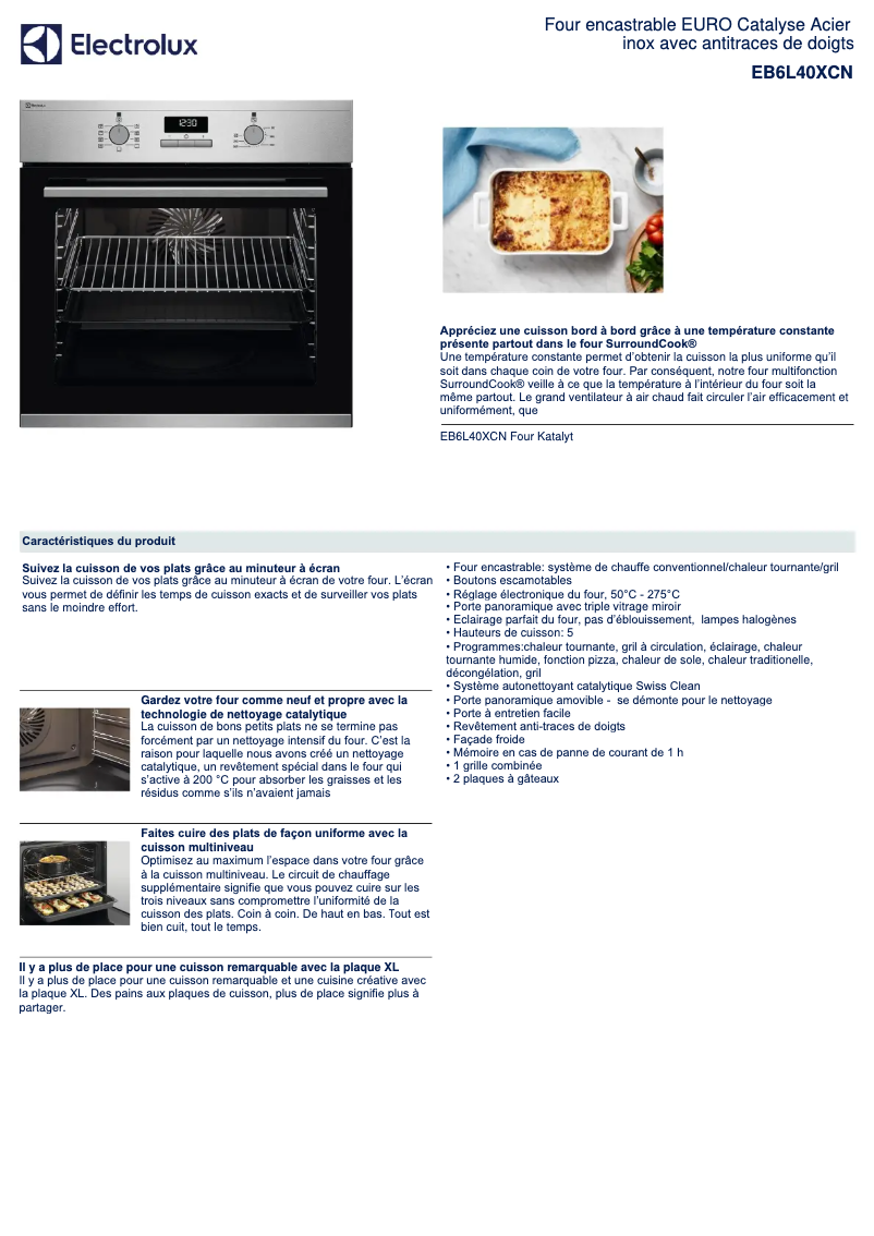 Page 1 de la notice Fiche technique Electrolux EB6L40XCN