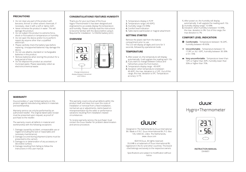 Page 1 de la notice Manuel utilisateur Duux Hygro+Thermometer DXHM01