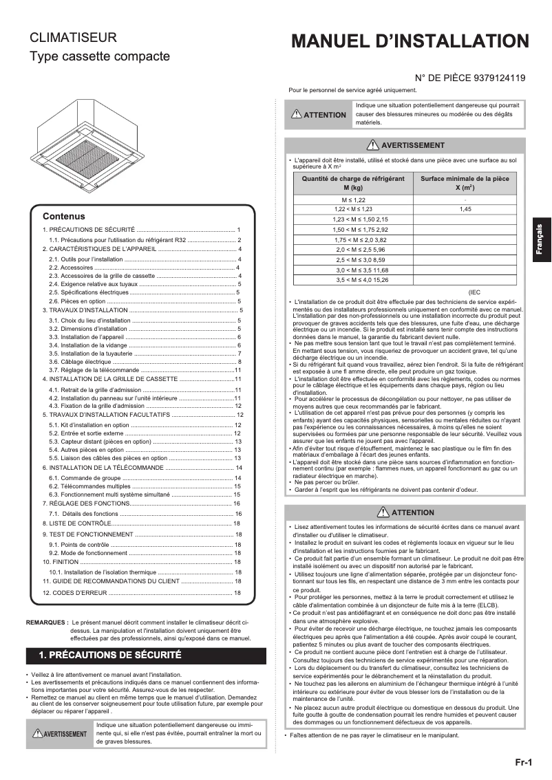 Page 1 de la notice Manuel utilisateur Fujitsu AUXG09KVLA