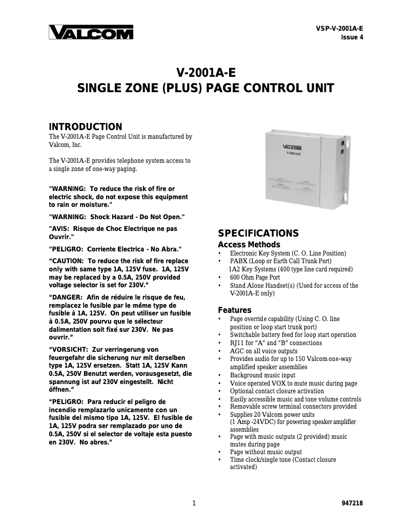 Image de la première page du manuel de l'appareil V-2001A