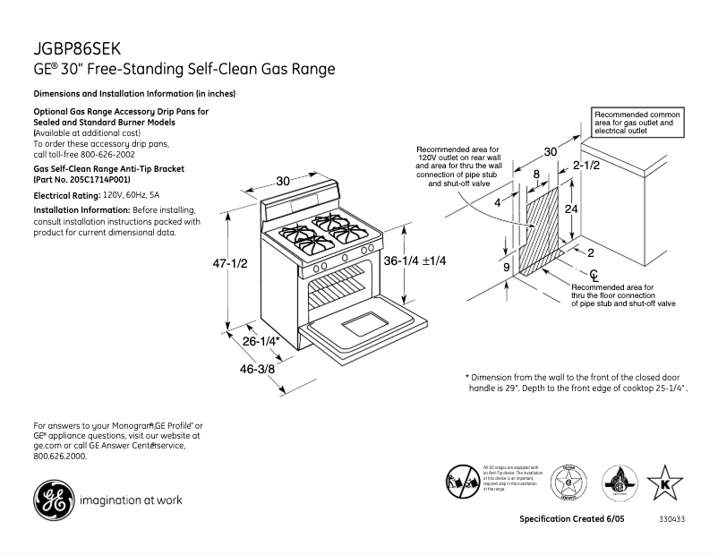 Page 1 de la notice Fiche technique GE JGBP86SEKSS