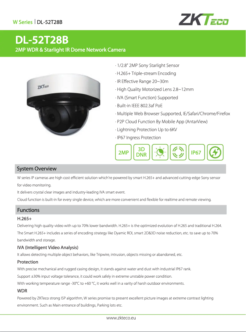Page 1 de la notice Fiche technique ZKTeco DL-52T28B