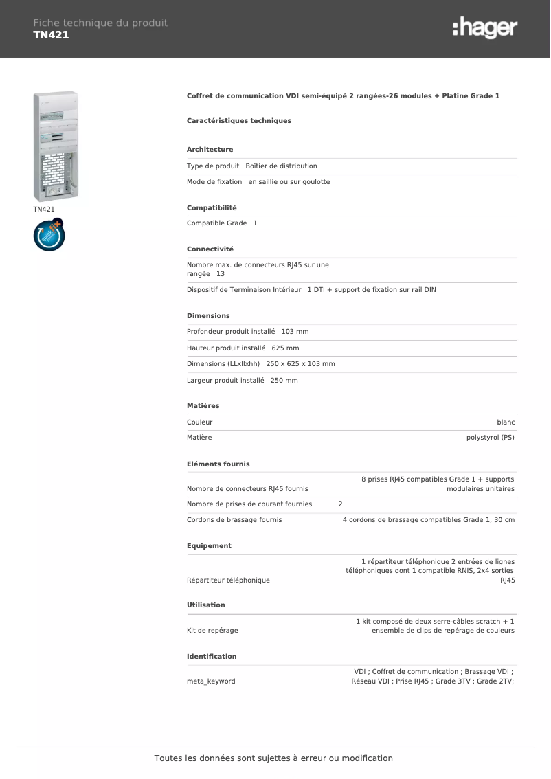 Page n°1 - Fiche technique Hager TN421