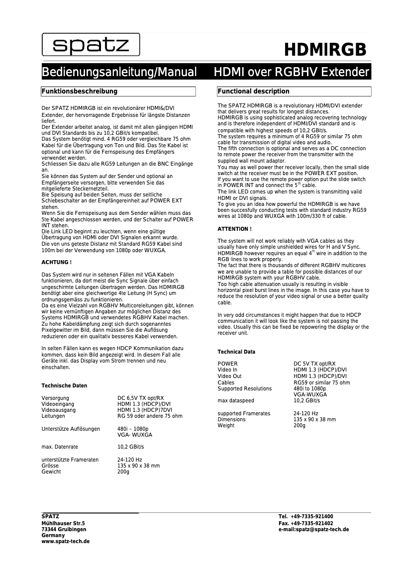Page n°1 - Manuel utilisateur Spatz HDMIRGB