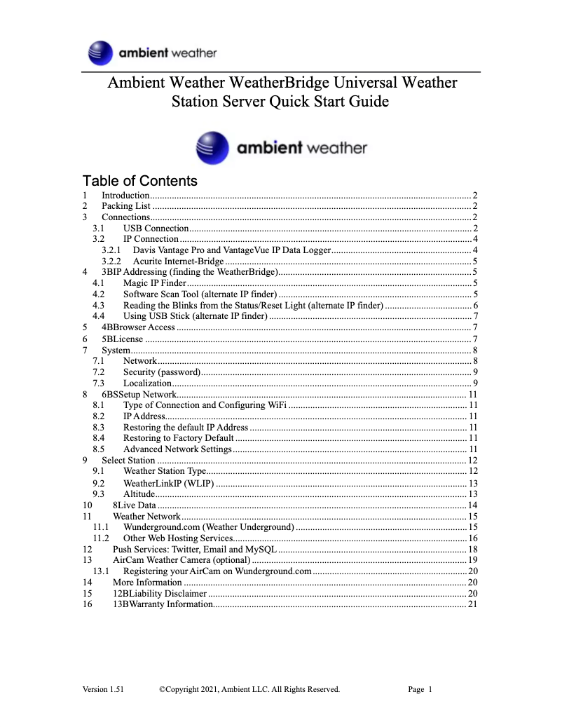 Page 1 de la notice Manuel utilisateur Ambient Weather WeatherBridge
