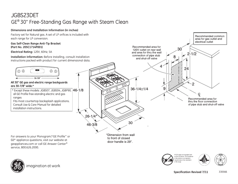 Page 1 of the manual Technical Sheet GE JGBS23DETWW