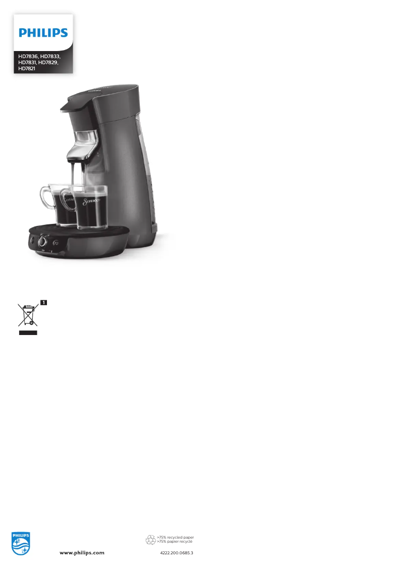 Page 1 de la notice Manuel utilisateur Philips Senseo Viva Café Plus HD7831