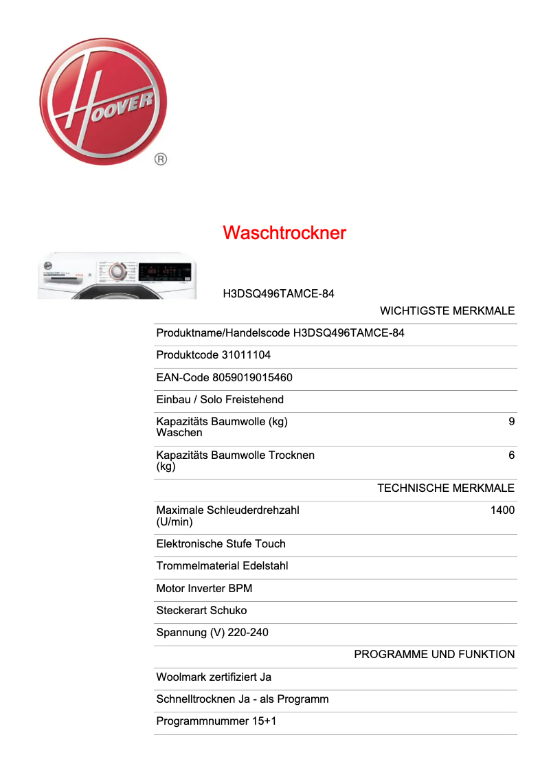 Page n°1 - Fiche technique Hoover H-WASH 300 PLUS H3DSQ496TAMCE-84