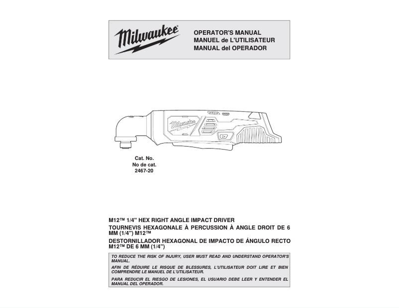 Page 1 de la notice Manuel utilisateur Milwaukee M12 2467-21