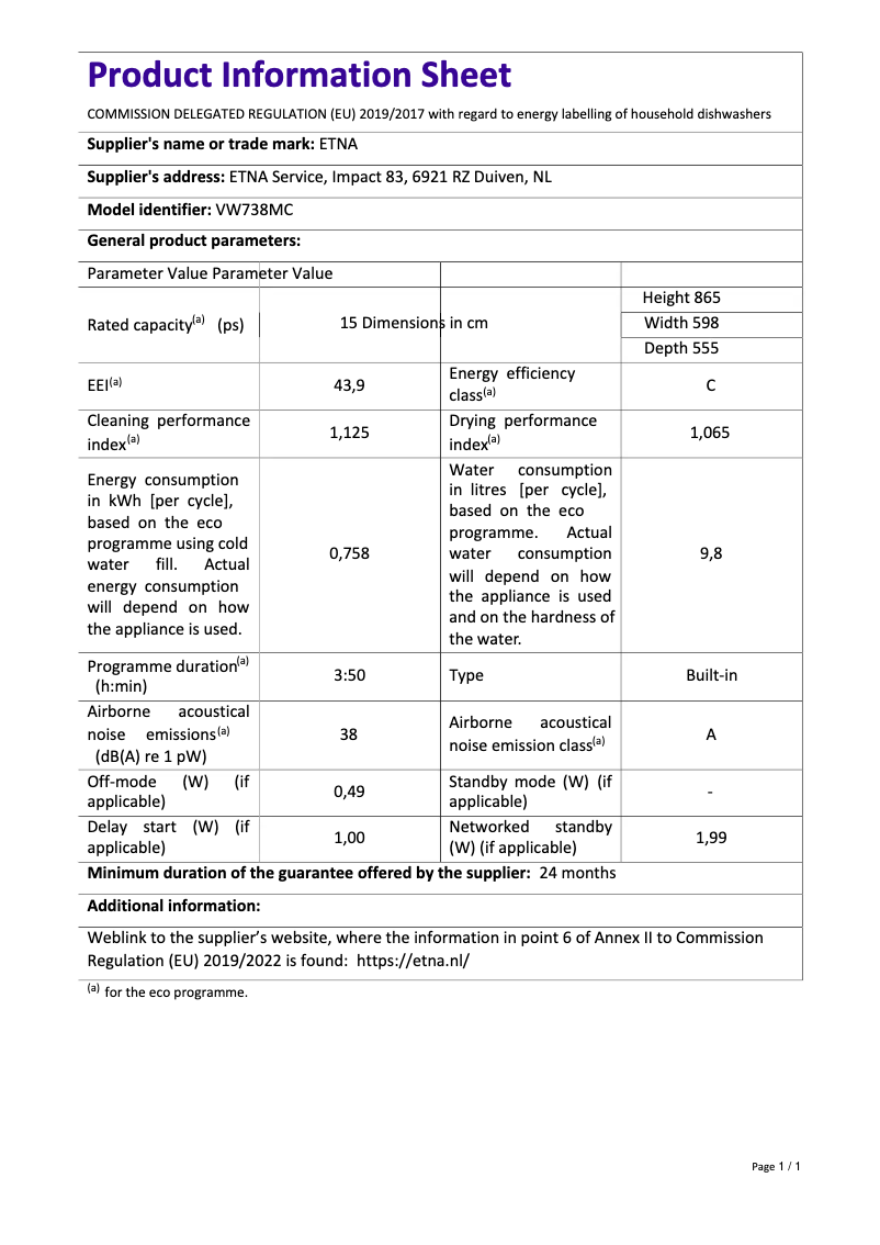 Page n°1 - Fiche technique Etna VW738MC