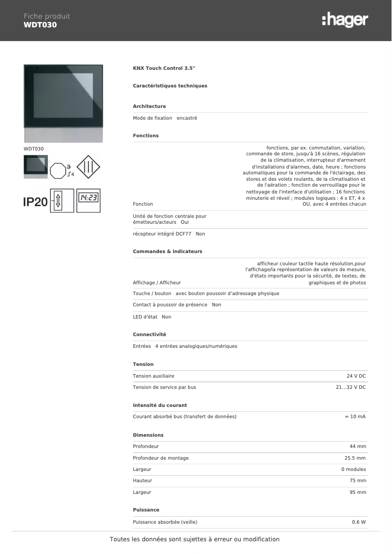 Page n°1 - Fiche technique Hager WDT030