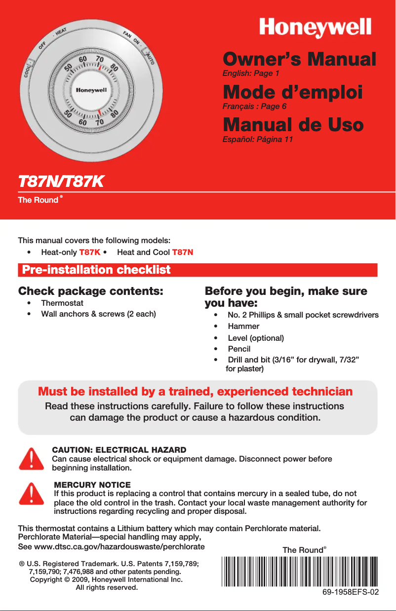 Page 1 de la notice Manuel utilisateur Honeywell The Round T87N