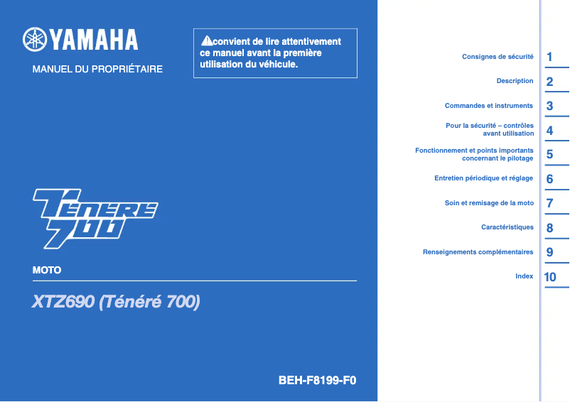 Page 1 de la notice Manuel utilisateur Yamaha Tenere 700 (2021)