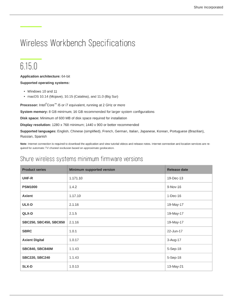 Page 1 de la notice Fiche technique Shure Wireless Workbench 7