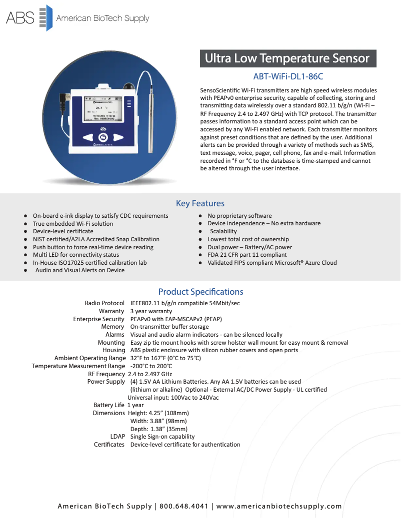 Page 1 de la notice Manuel utilisateur American BioTech Supply ABT-WiFi-DL1