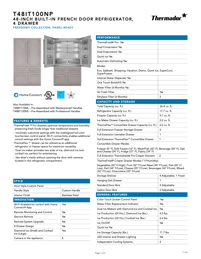Page 1 de la notice Fiche technique Thermador T48IT100NP