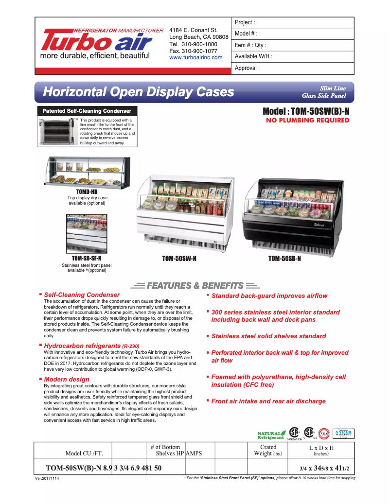 Página 1 del manual Ficha técnica Turbo air TOM-50S