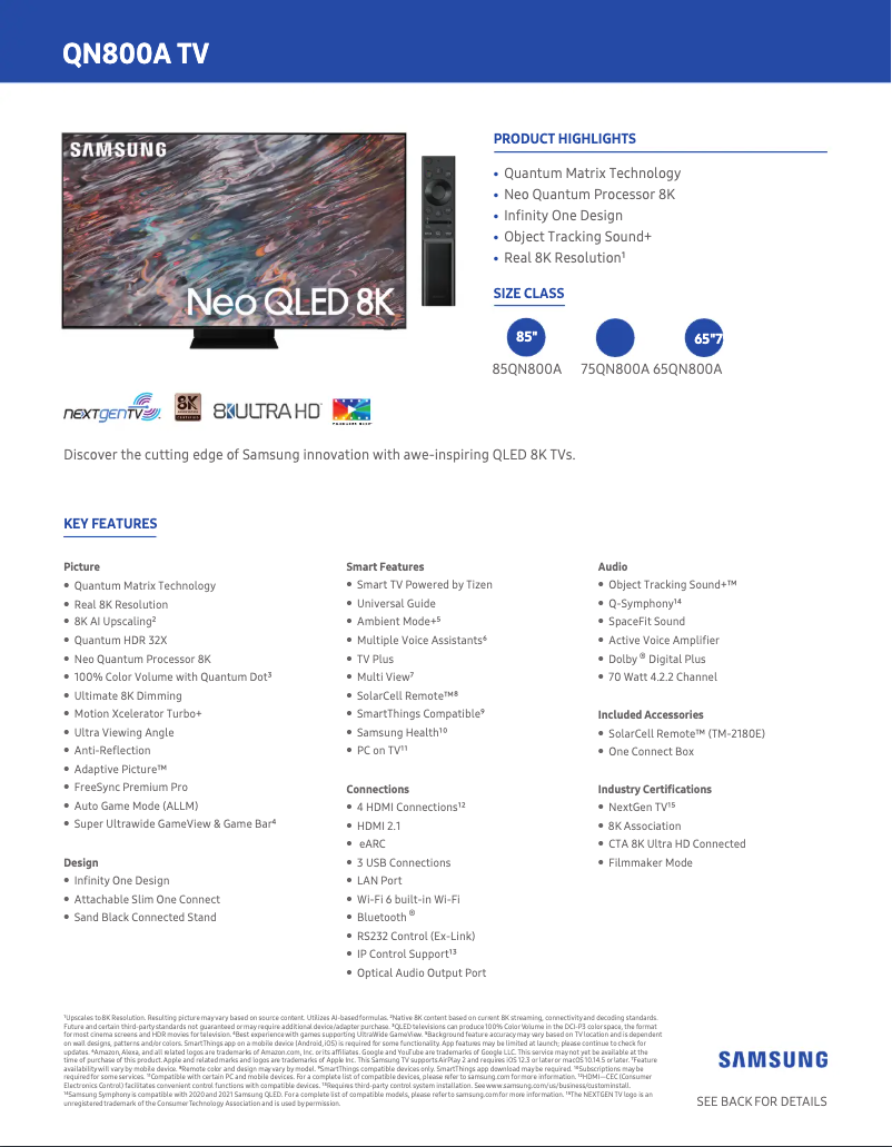 Page 1 de la notice Fiche technique Samsung QN75QN800A