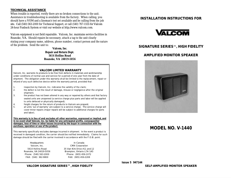 Page 1 de la notice Manuel utilisateur Valcom V-1440