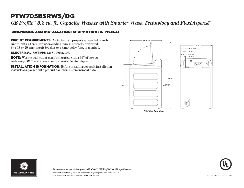 Imagen de la primera página del manual del dispositivo Profile PTW705BPTDG