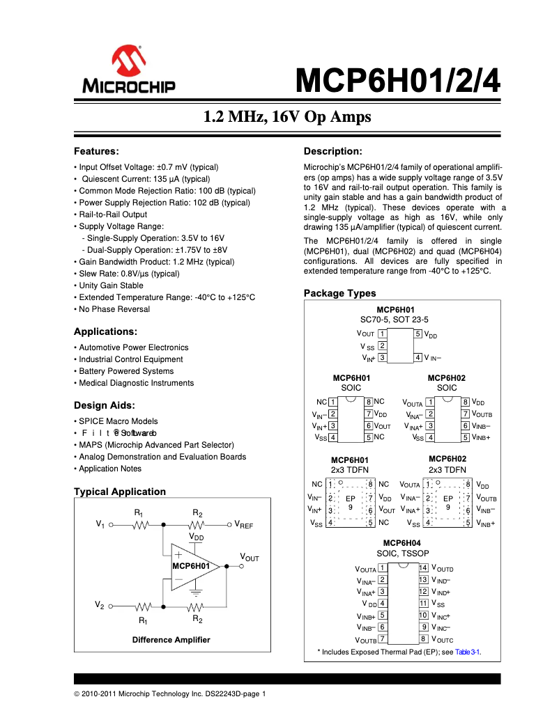 Page 1 de la notice Fiche technique Microchip MCP6H04