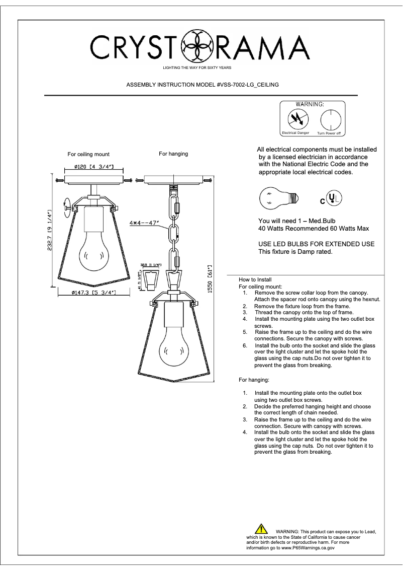 Page 1 de la notice Manuel utilisateur Crystorama Voss VSS-7002-LG_CEILING