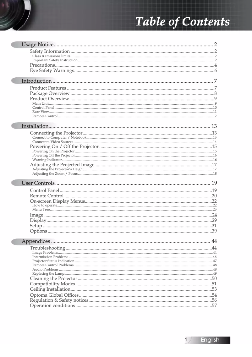 Page 1 de la notice Manuel utilisateur Optoma EX7155e