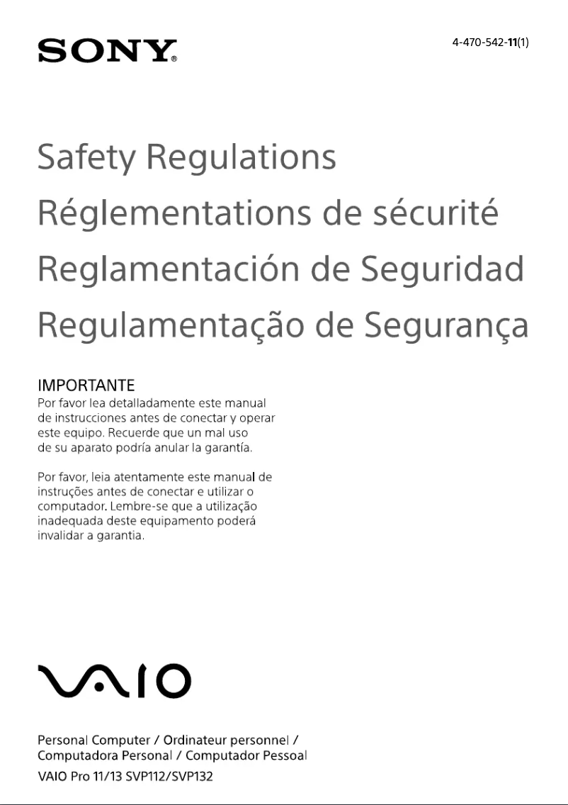 Page 1 de la notice Instructions de sécurité Sony Vaio SVP11213CXS
