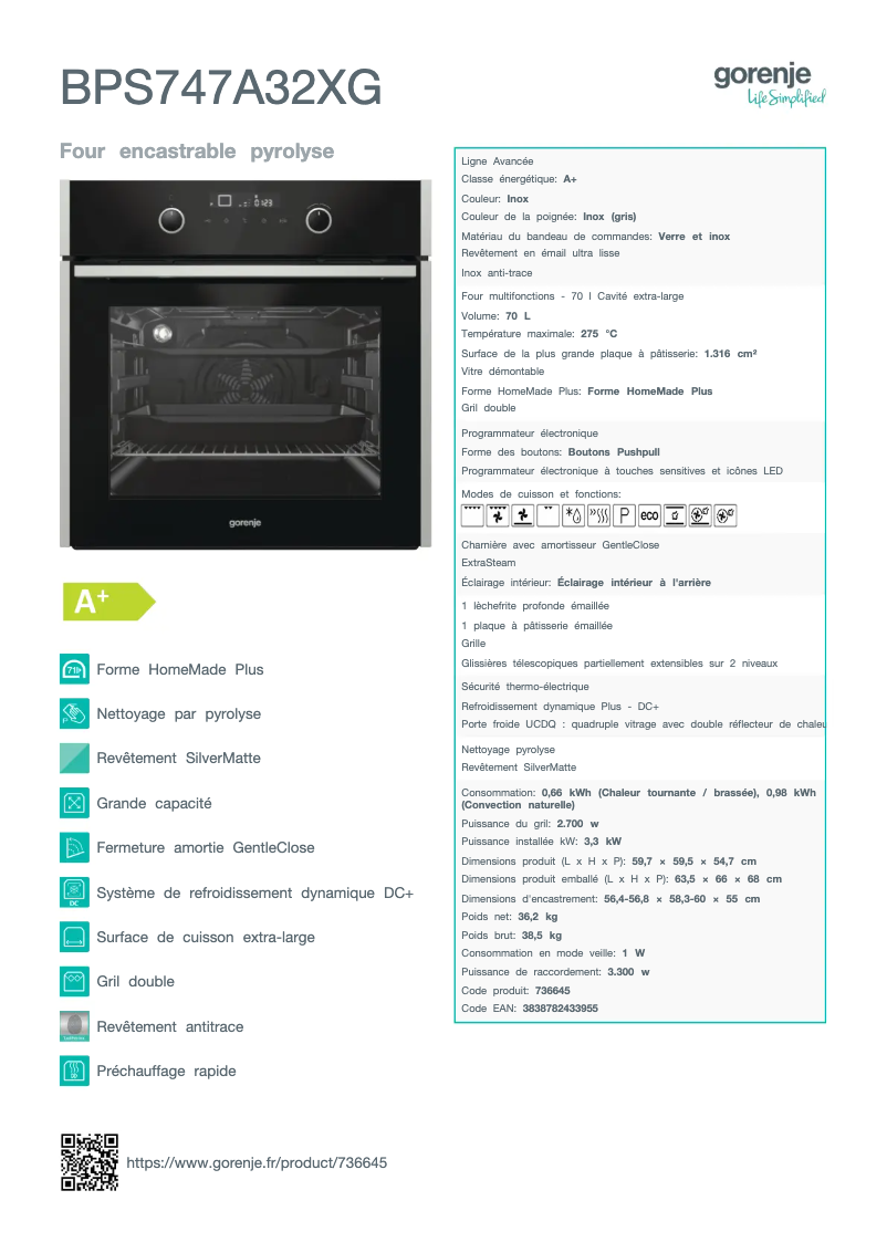 Page n°1 - Fiche technique Gorenje BPS747A32XG